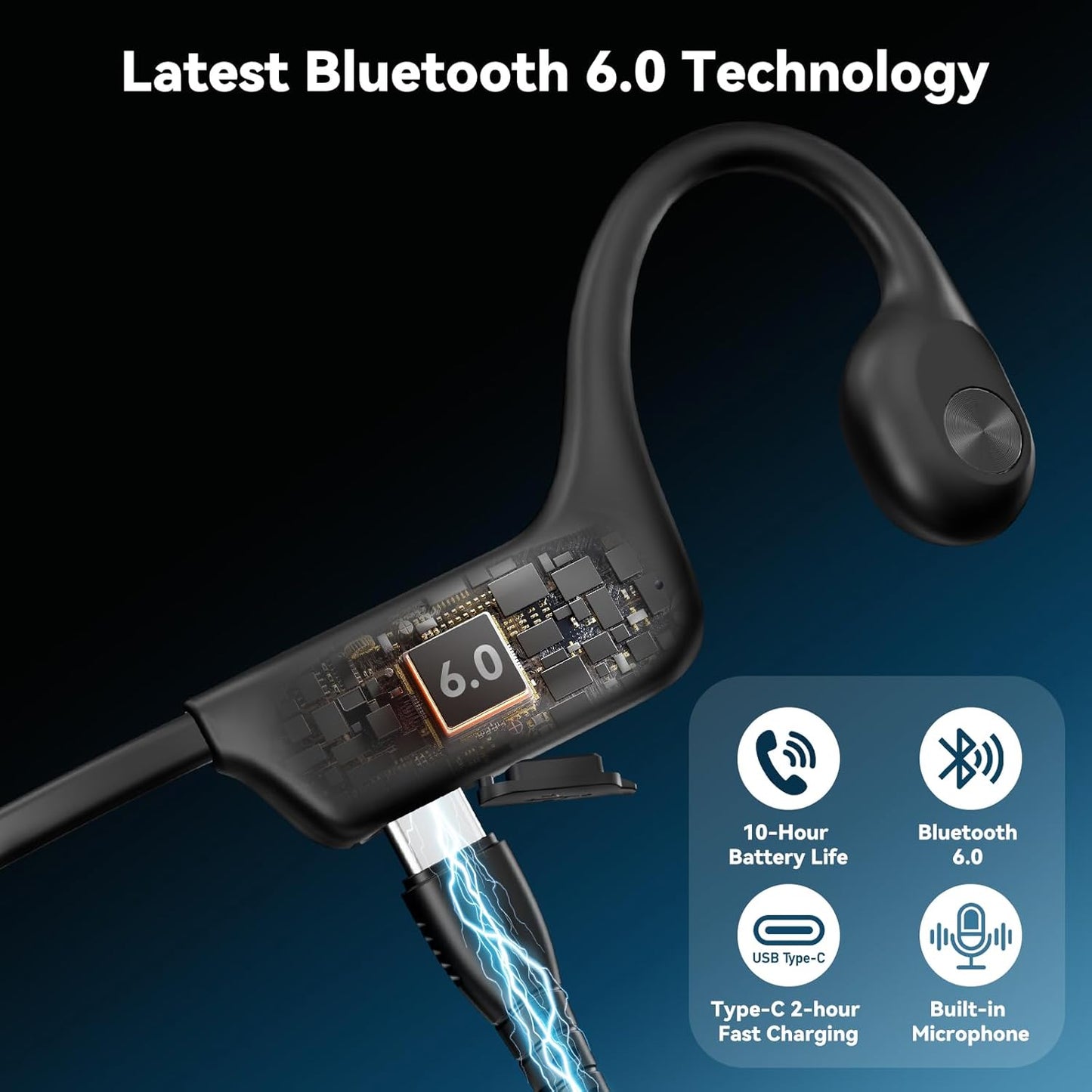 Bone Conduction Headphones - Bluetooth 6.0 Open Ear Design | IPX5 Sweatproof, Long Battery Life, Lightweight (Black)