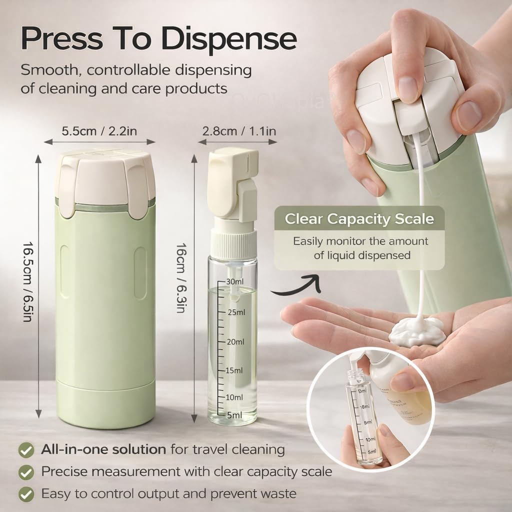 Travel Bottles for Toiletries - 4-in-1 Leak-Proof Pump Dispenser | Compact No-Spill Containers (Green)