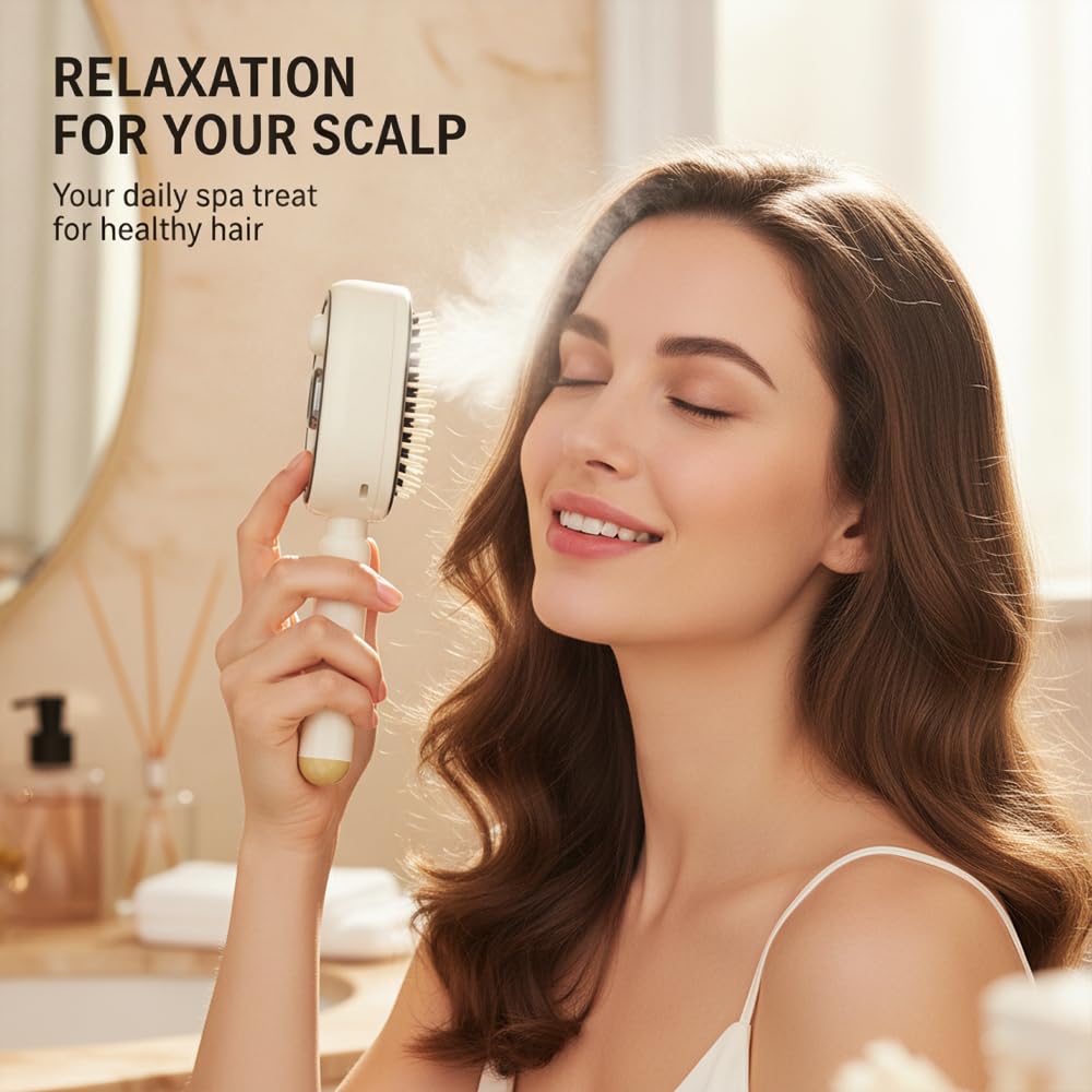 Electric Spray Air Cushion Massage Comb 2026, Red Light Steam Hair Brush with Mist Spray, Portable Hair Steamer, USB Rechargeable, Detangler, Self-Cleaning (1, Purple)