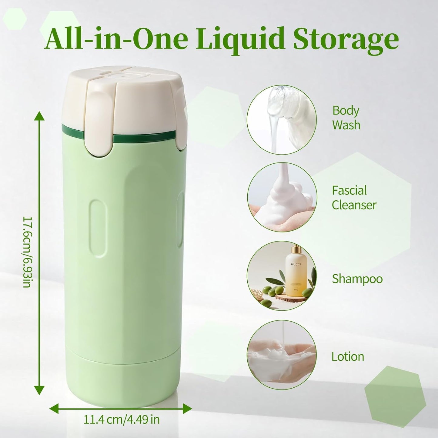 Travel Dispenser Set - 4 in 1 Leak Proof Refillable Bottles for Shampoo, Conditioner, Lotion | Portable Toiletry Containers (Green)