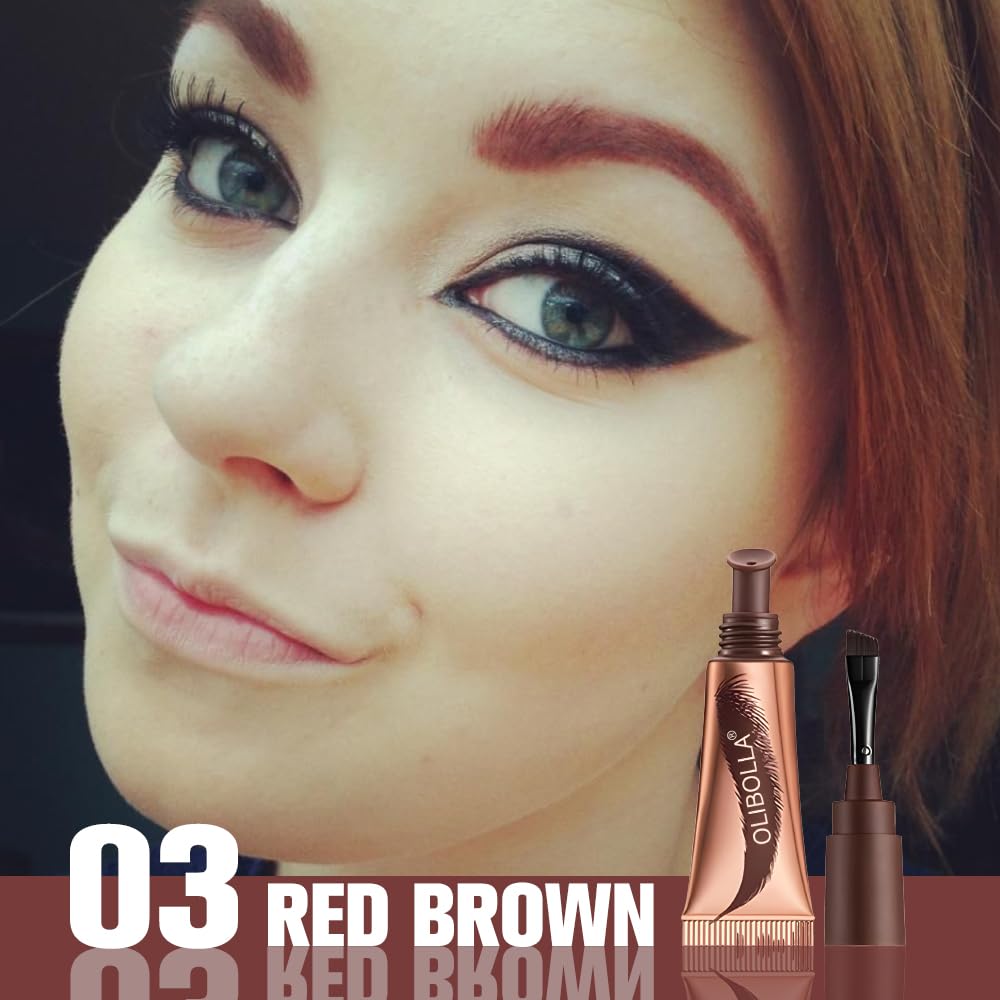 FeiCuiYun 2Pcs Eyebrow Tattoo Peel Off Tint Gel for Women, Red Brown Peel Off Eyebrow Tint with 150°Small Curved Tray with Tweezer, Last Up to 5 Days, Waterproof, Fuller & Defined Looking Brows