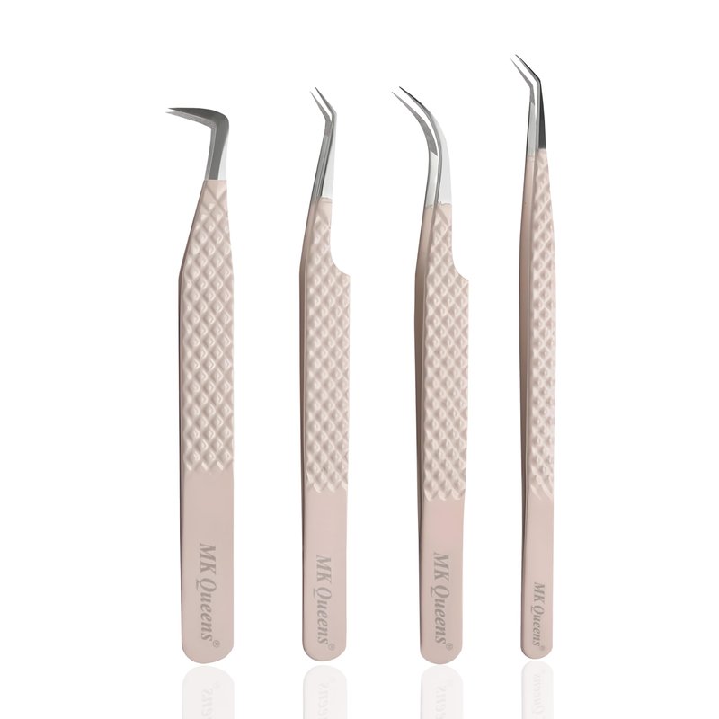 MK Queens Lash Tweezers - Stainless Steel Fiber Tip Eyelash Tweezers (Set of 4) - Diamond Grip Professional Lash Tweezers for Eyelash Extensions (Beige)