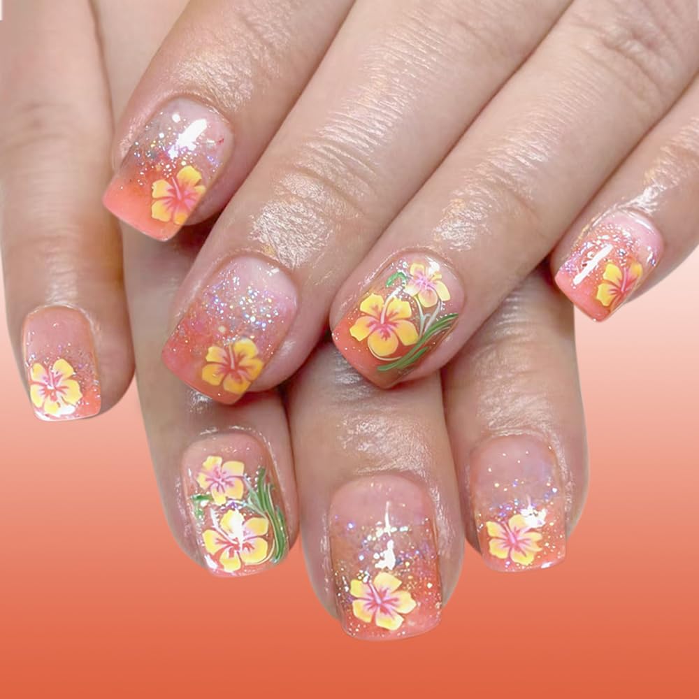 Colorful Gradient Press-On Nails | Medium Coffin Shaped Acrylic Nail Art - 24 Pcs with Rainbow Designs