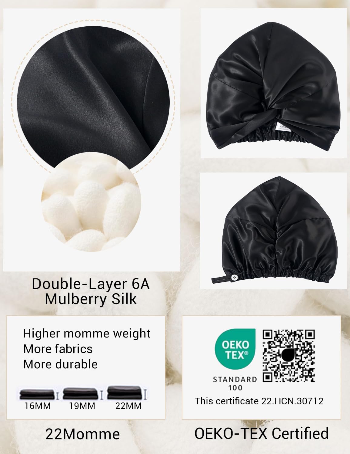 LaCourse Anti-Slip Adjustable Real 22 Momme 100% Mulberry Silk Bonnet with Scrunchie for Sleeping Women, Double-Layered Silk Hair Bonnet for Curly Hair, One Size (21-24 inch Head Size), Black