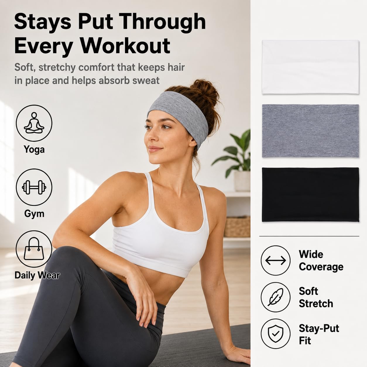 Extra Wide Headbands for Women 3 Pack, Soft Stretch Workout Headbands, Absorbent Quick Dry Hair Bands for Yoga, Running, Gym, Skincare & Daily Wear, Comfortable Wide Hair Wraps for Women