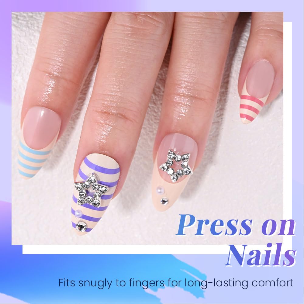 3D French Stripe Press-On Nails - Short Almond Sea Stars Design | Reusable Full Cover Fake Nails for Women