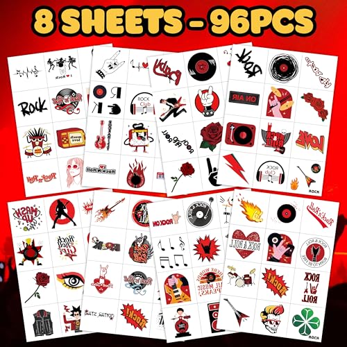 Kids & Teens Rock-Themed Temporary Tattoos Pack - 96 Sheets for Parties & Events