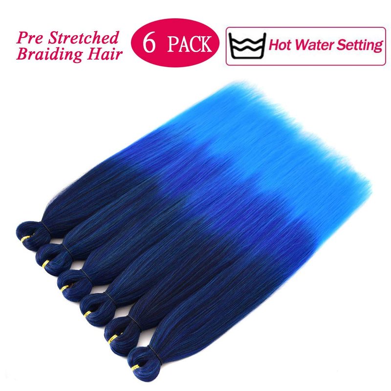 Pre-Stretched Braiding Hair - 22 Inch Synthetic Crochet Extensions | 6 Packs in Mixed Black, Dark Blue & Light Blue