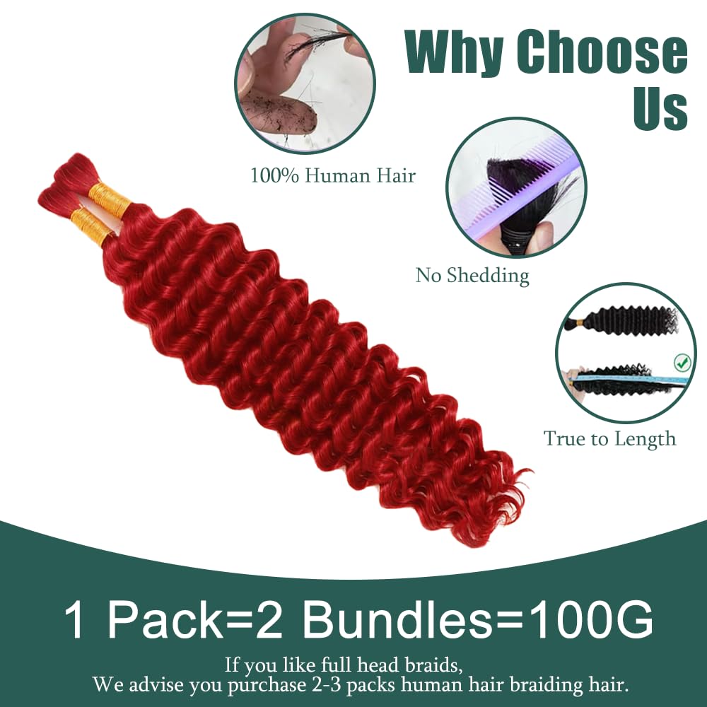 Red Boho Hair for Braiding Deep Wave Bulk Human Hair for Braiding 22 22 Inch No Weft Brazilian Red Deep Wave Bulk Braids Extensions