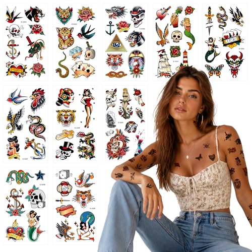 76Pcs American Traditional Temporary Tattoos for Adults - Retro & Realistic