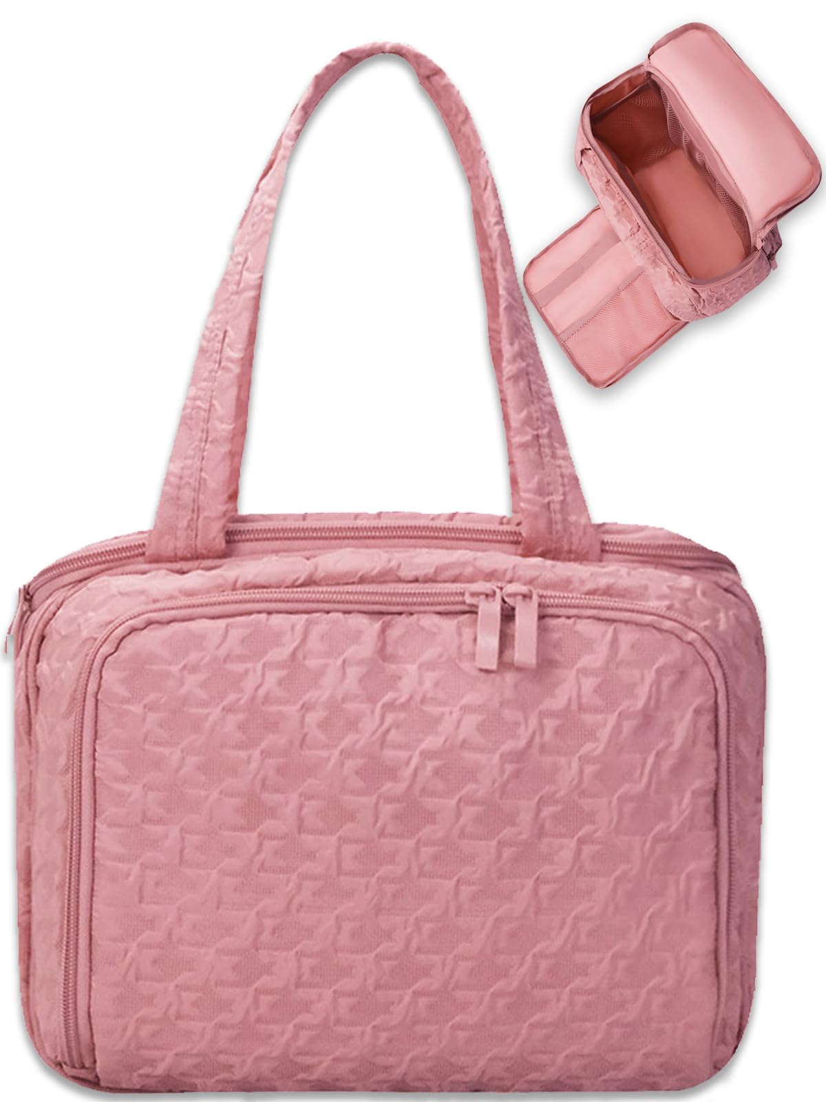 SMONT Hanging Toiletry Bag for Women, Large Waterproof Makeup Organizer with Hook, Travel Cosmetic Bag with Multiple Compartments for Gym, Swim, School, College Dorm Pink