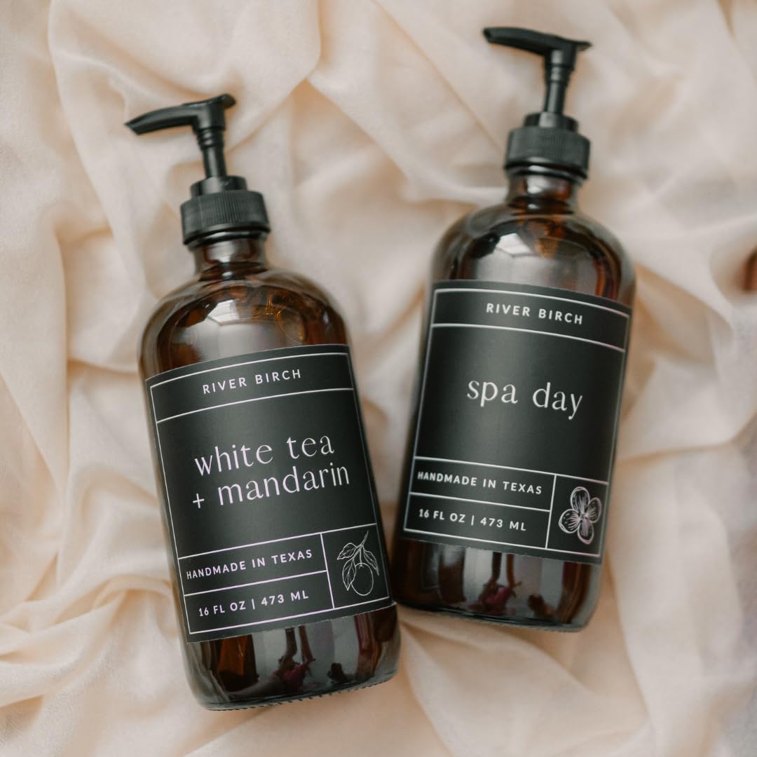 River Birch Mahogany Woods Scented Hand Soap - Moisturizing Vegan Formula | 16 Fl Oz Amber Glass Dispenser