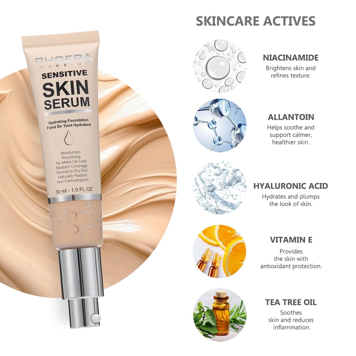 PHOERA Hydrating Serum Foundation - Flawless Full Coverage Makeup | N05 Tan, Hypoallergenic Formula