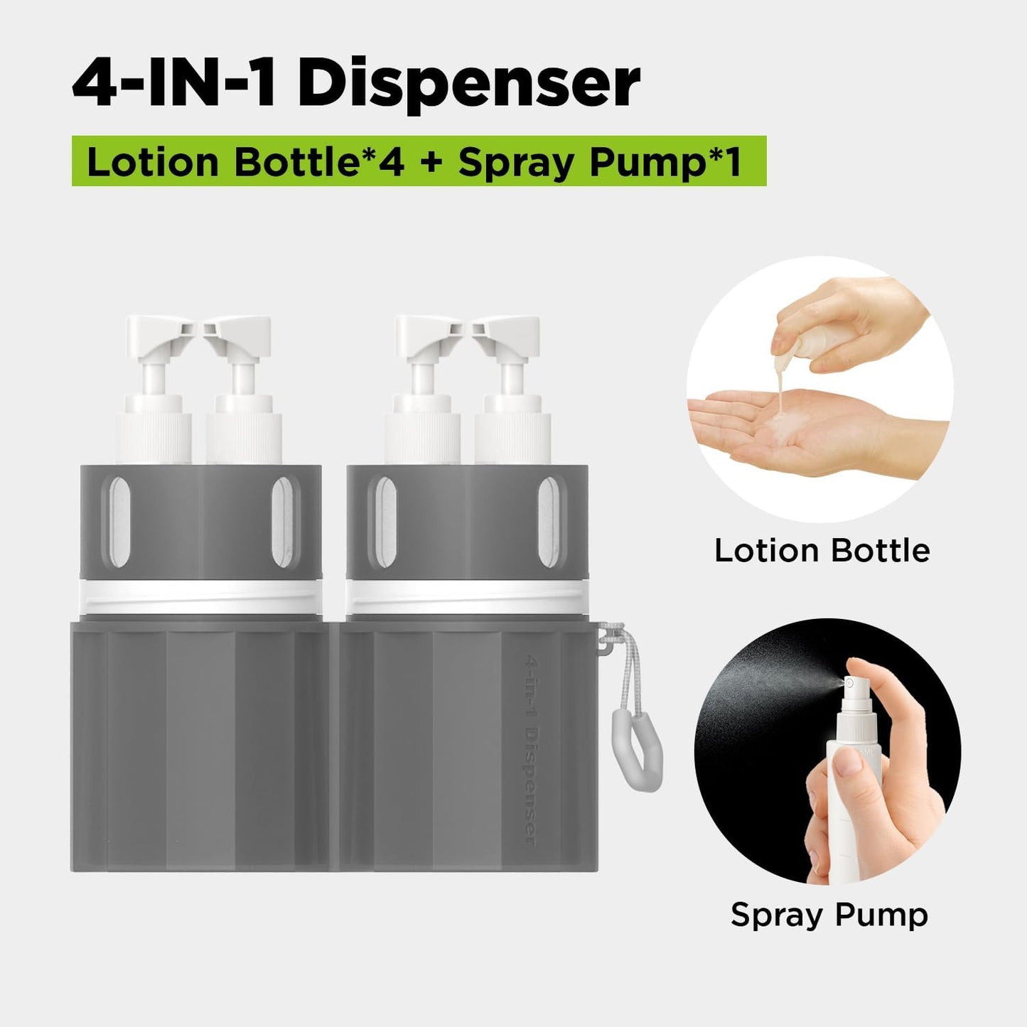 Travel Toiletry Containers - TSA Approved 4-in-1 Refillable Bottles Set with Suction Cup | Grey