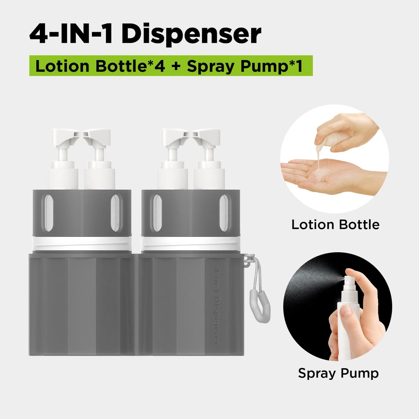 AnOis7ter 4 in 1 Travel Dispenser Bottle, TSA Approved Refillable Shampoo and Conditioner Bottles Set with Suction Cup for Smooth Walls, Travel Size Toiletries Container for Body Wash/Lotion.(Grey)
