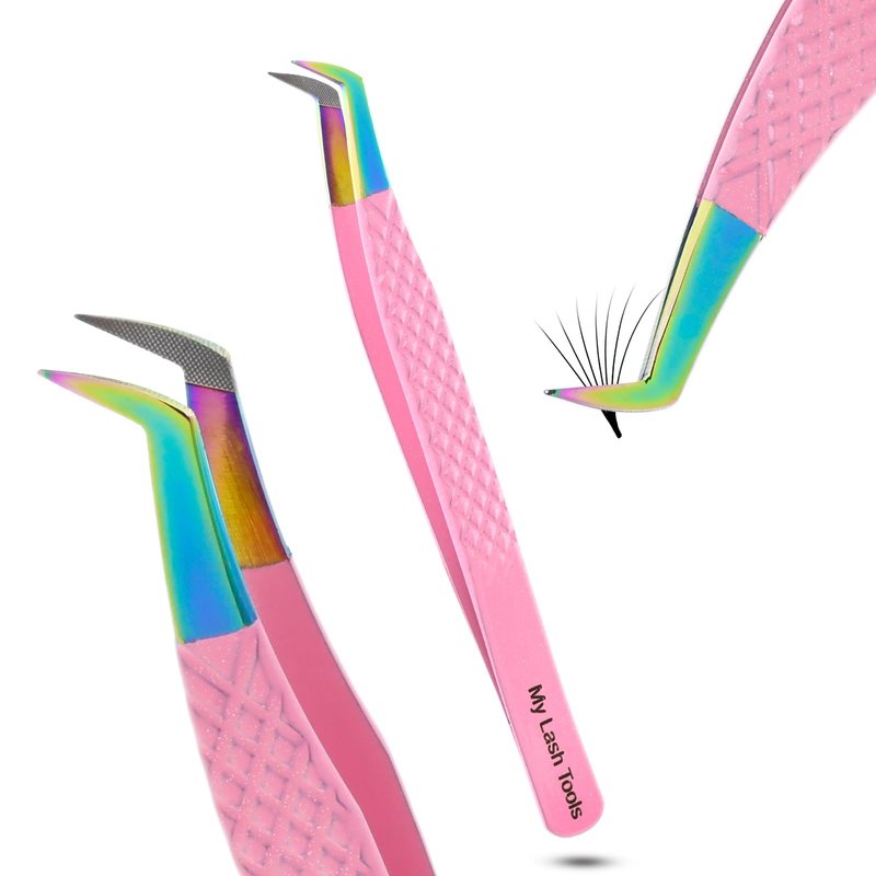 My Lash Tools Fiber Tip Lash Tweezers for Eyelash Extensions Professional Lash Tech Supplies Must Haves Volume Boot Eyelash Tweezers 12cm Stainless Steel Mink Fan Making Lashing Tweezer (Pink)