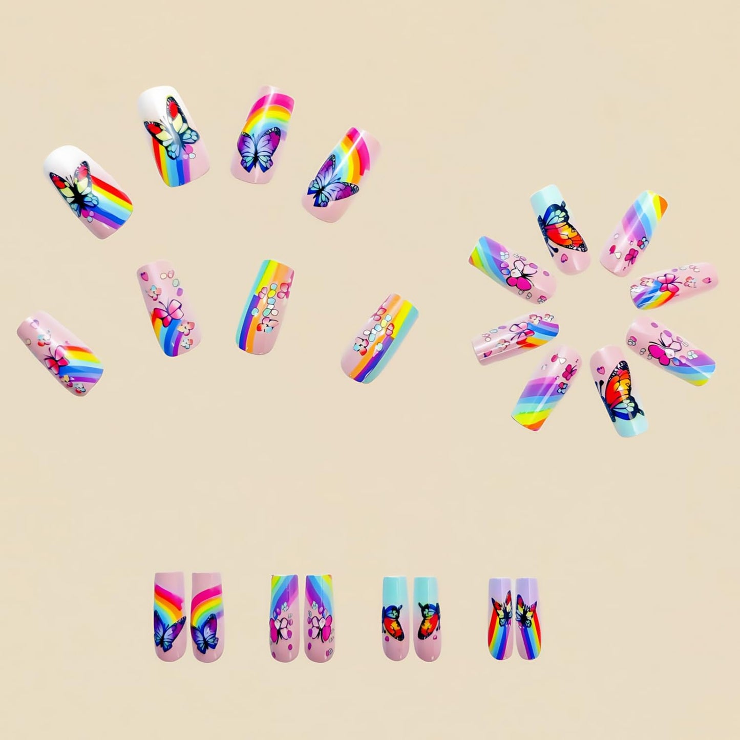 Butterfly Press-On Nails - Medium Length Rainbow Stripe Design | Colorful Square Acrylic Coffin Nails, 24 Pcs