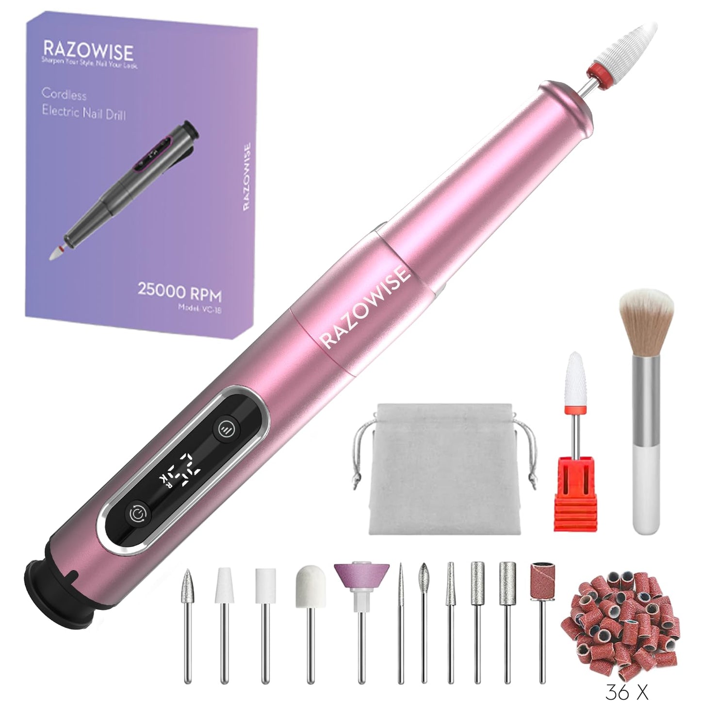 Electric Nail Drill - Professional 12-in-1 Efile for Acrylic & Gel Nails | Portable, Rechargeable, 5 Speeds, Grey
