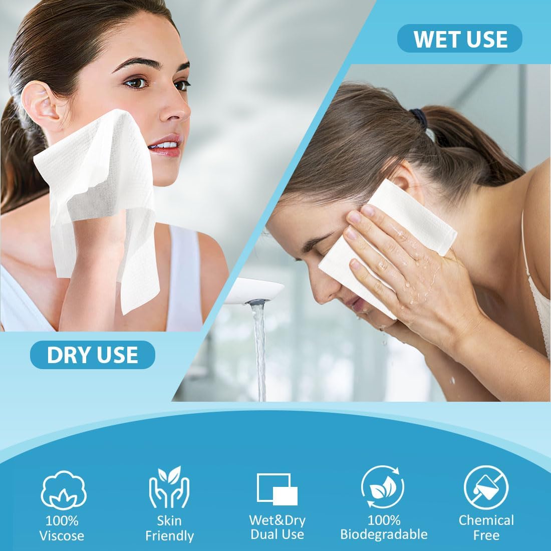 Disposable Face Towelettes - 100 Biodegradable Makeup Remover Wipes | Super Soft Facial Towels for Sensitive Skin