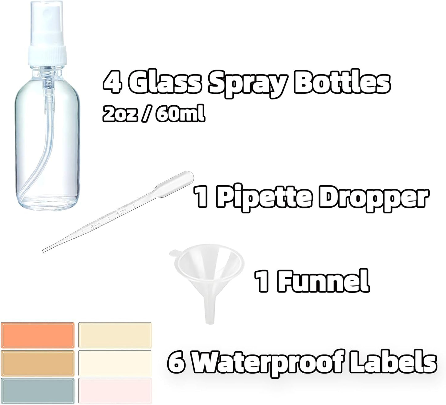 Clear Glass Spray Bottles - 4 Pack 2oz Fine Mist Atomizers for Essential Oils, Perfume & Travel | Leak-Proof Mini Spritzers with Labels & Funnel