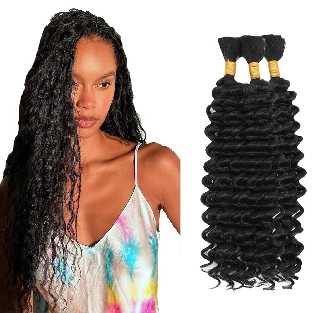 #1B Black Human Hair Braiding Hair For Boho Braids 16 16 16 Inch Natural Color Deep Wave Bulk Human Hair Unprocessed Brazilian Virgin Hair 3 Bundle 50 Gram Per Bundle No Weft Extensions