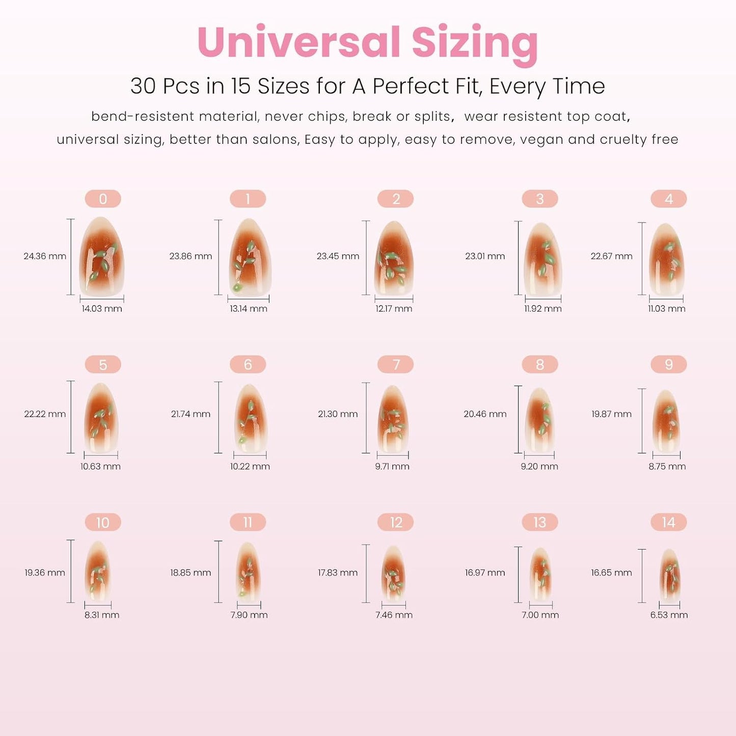 Press On Nails - Rose Gold Foil Medium Almond Fake Nails | Brown Blush Shimmer, Glossy Finish, Reusable - 30 Nail Kit with Glue, 15 Sizes