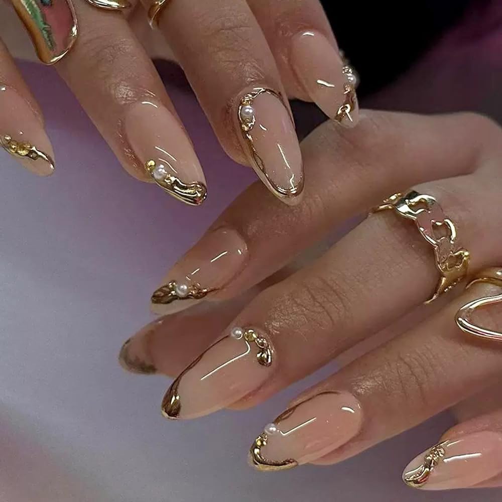 Press On Nails - Orange Almond Shape with Gold Glitter Swirl | 24 Pcs Acrylic Fake Nails for Women