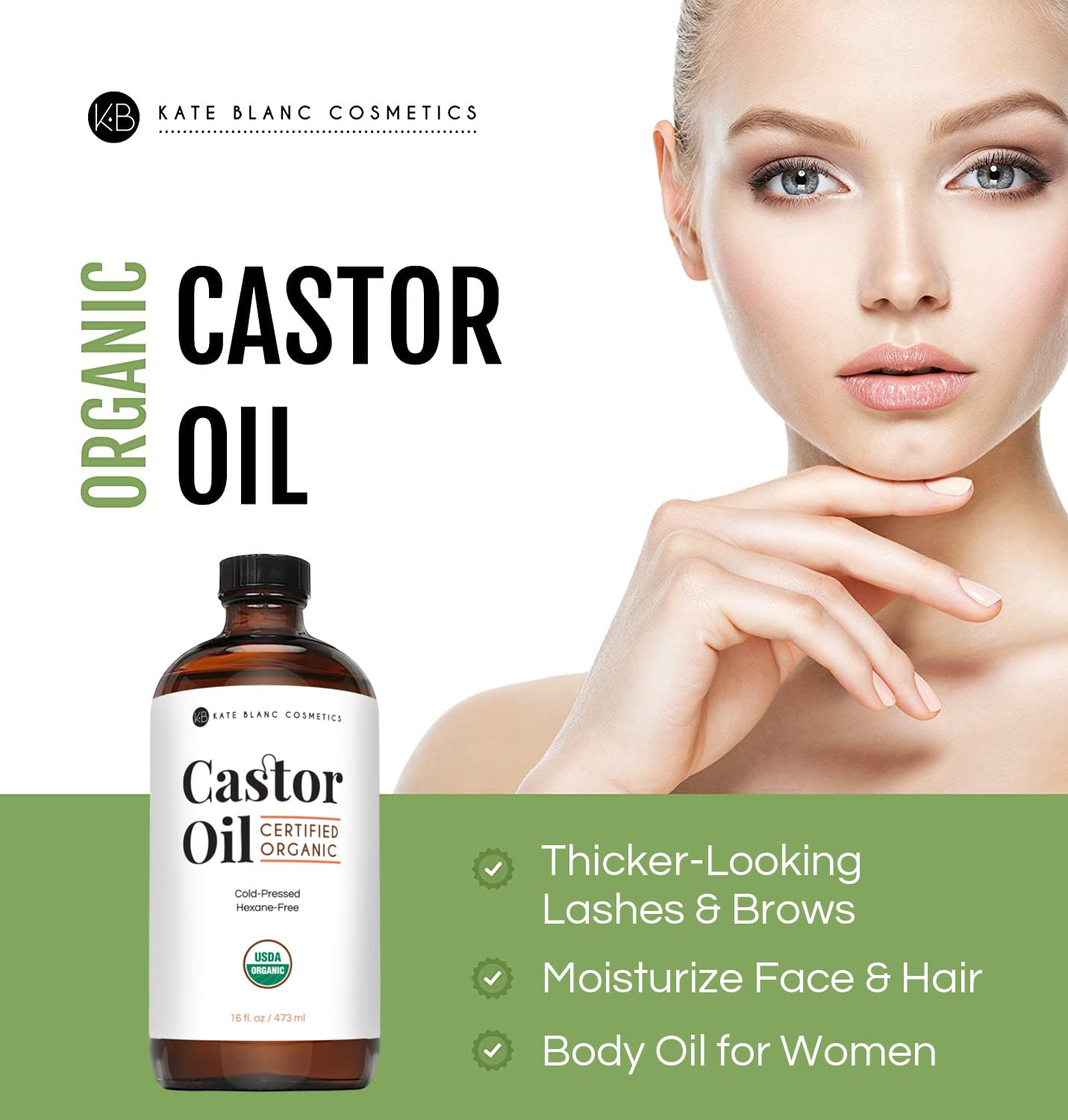 Kate Blanc Cosmetics Organic Castor Oil - 100% Pure Cold Pressed for Hair, Skin & Face | 16oz Glass Bottle