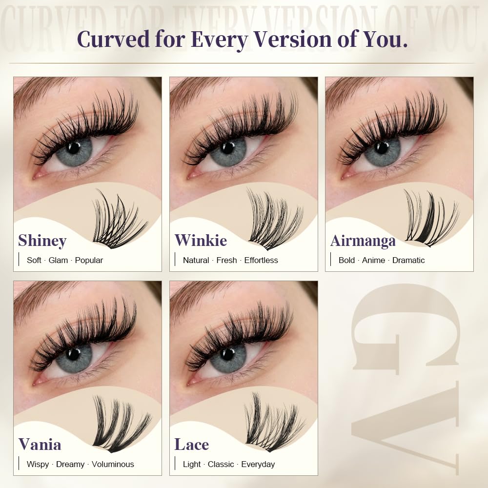 GlowVane TrueCurve Lash Clusters Kit, Soft Natural Look Eyelash Clusters for All-Day Comfort, 0.03mm Wispy D Curl Lashes, 8-18mm Lightweight Curved Band Lashes, Use-Friendly (Shiney Kit)
