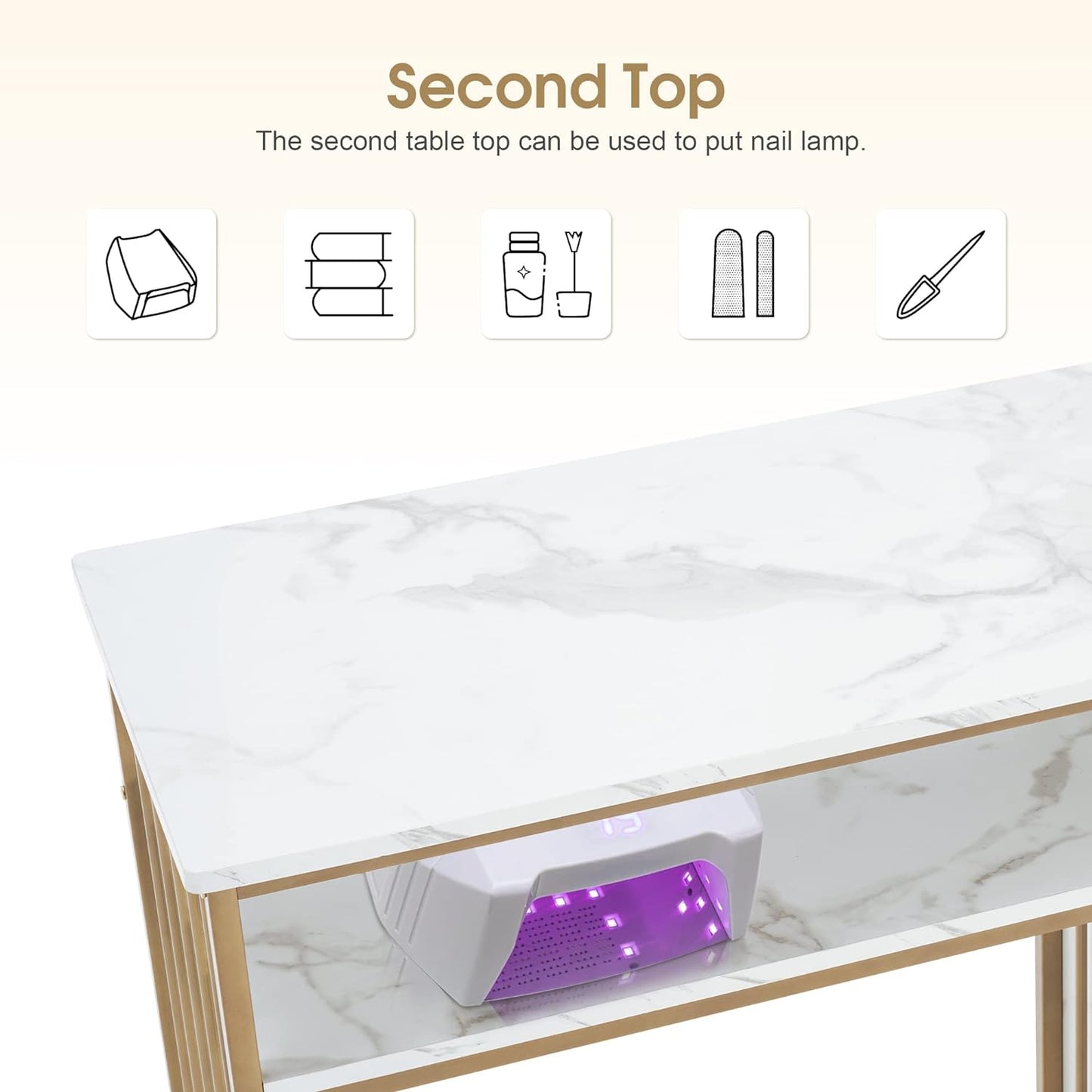 Manicure Table for Nail Tech - Golden Marbling Texture with Storage Drawers | Home Salon Spa Equipment