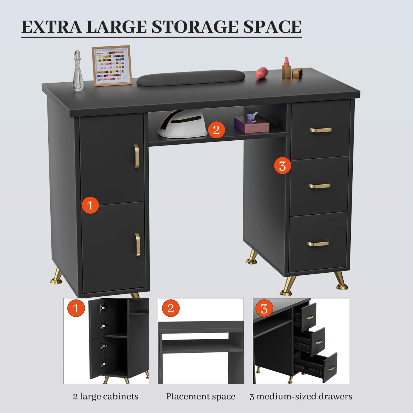 Charmmade Nail Tech Desk with Storage,Acetone-Resistant Manicure Table,Nail Table Beauty Salon Tech Station,3 Drawers,2 Cabinets,Wrist Cushion,Sturdy Metal Legs for Salon,Spa,Home (Black-Gold)