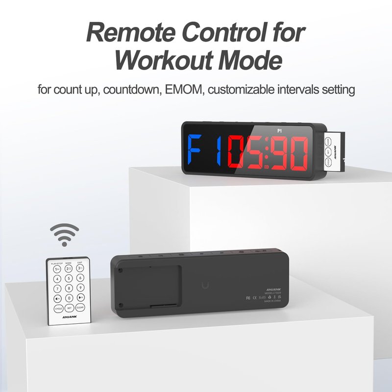 ANJANK Small Portable Gym Timer Clock, Strong Magnet, Workout Interval Timer with Powerful Battery, Stopwatch, Remote Control, Adjustable Brightness, Fitness Digital Timer for Home/Garage/Boxing