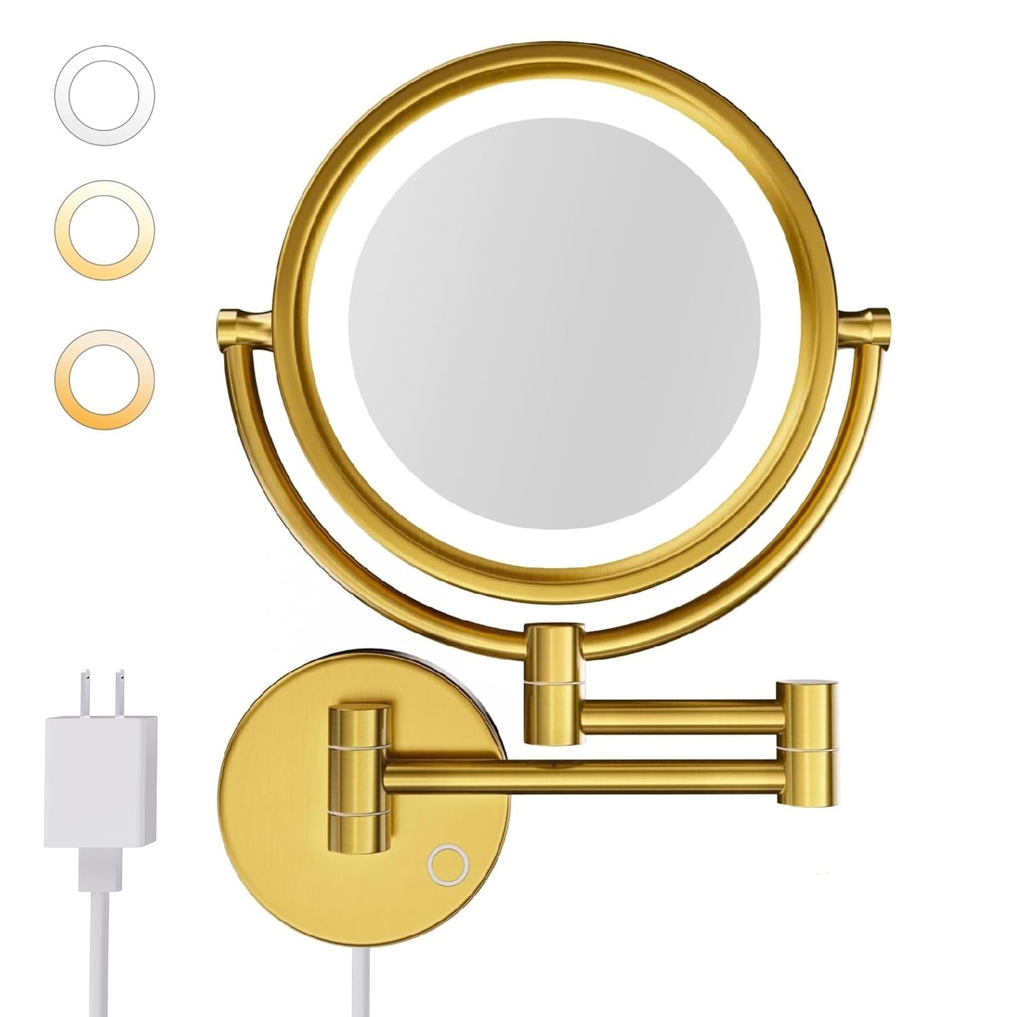 Magnifying Makeup Mirror - 8.5" Double-Sided Wall-Mounted Vanity Mirror with Dimmable LED Lights & 10X Magnification | Brushed Gold