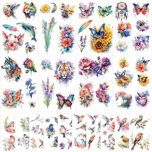 Watercolor Temporary Tattoos for Women - 8 Large Floral Designs