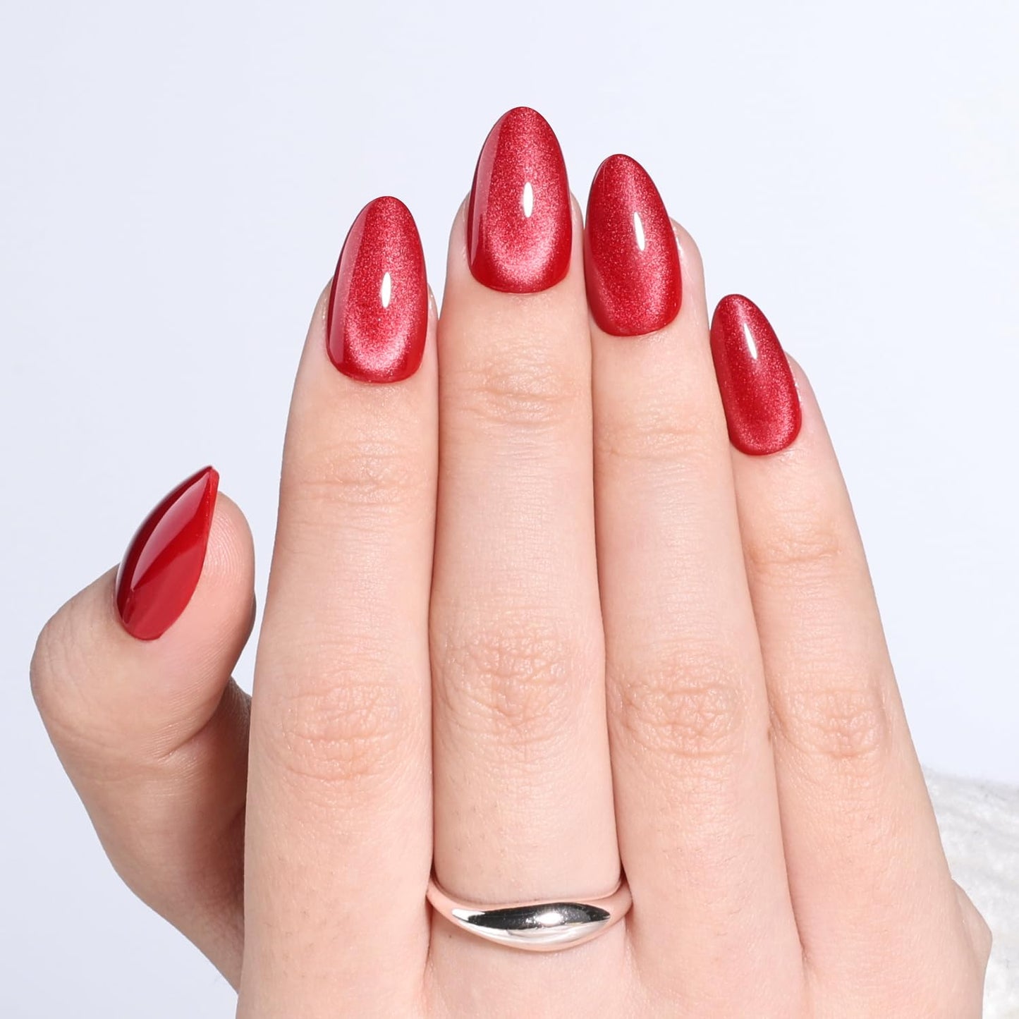 French Tip Press On Nails - Glossy Pink Almond Reusable Fake Nails | 32 Pieces in 16 Sizes with Glue