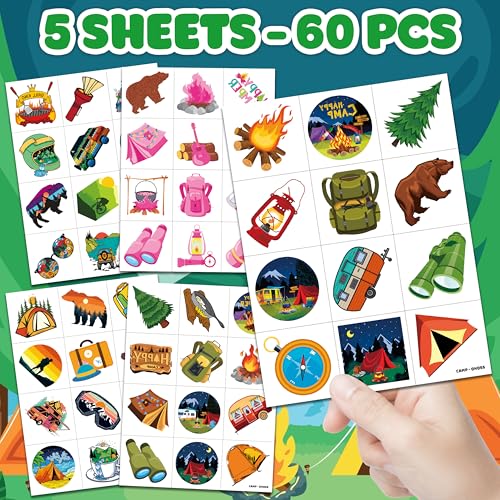 60 PCS Camping Temporary Tattoos for Kids - Pre-Cut Fun Stickers