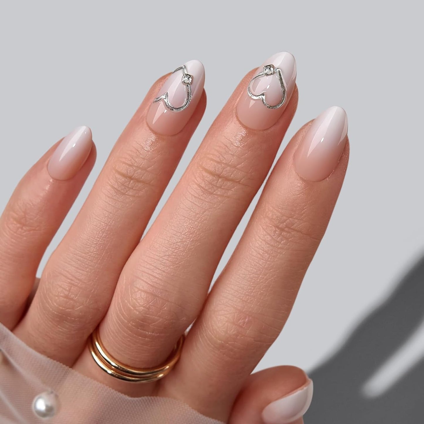French Tip Press On Nails - Easy-to-Apply White Flower Almond Design | 32 Nails in 16 Sizes with Glue & Adhesive Tabs