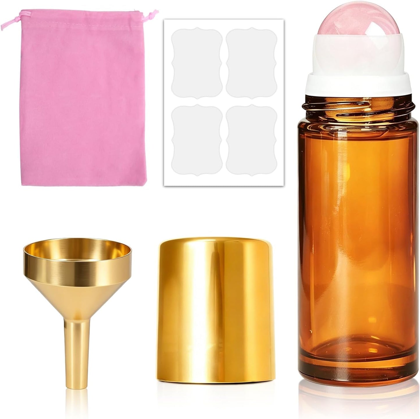 Rose Quartz Roller Bottle - 1oz Refillable Amber Glass for Essential Oils & Skincare | Leak-Proof with Gold Cap & Storage Bag