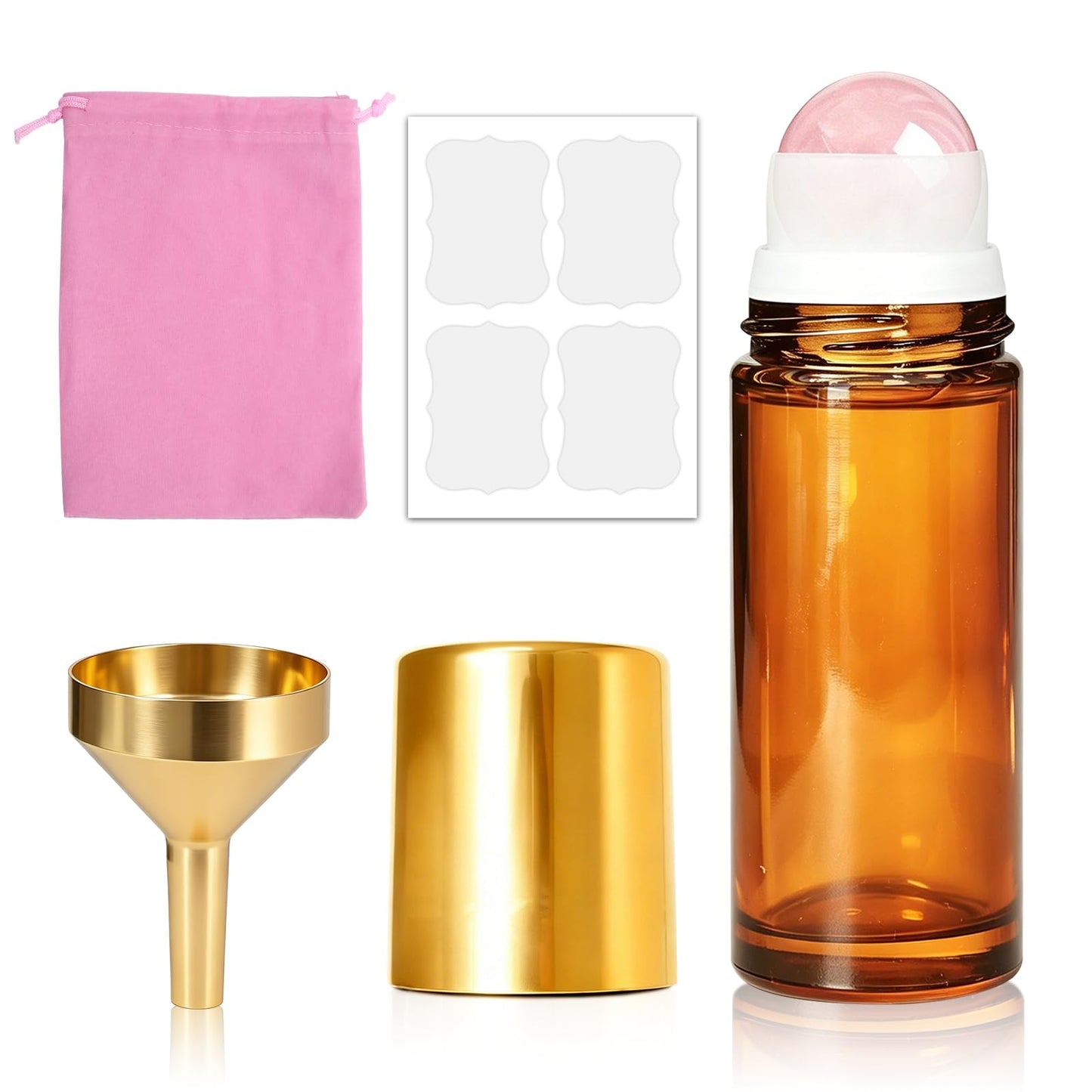 Cocurb 1oz Rose Quartz Roller Bottle for Castor Oil,Essential Oils and Skincare DIY,Refillable Leak-Proof Amber Glass Roll on Bottle Empty Deodorant Container with Gold Cap&Storage Bag