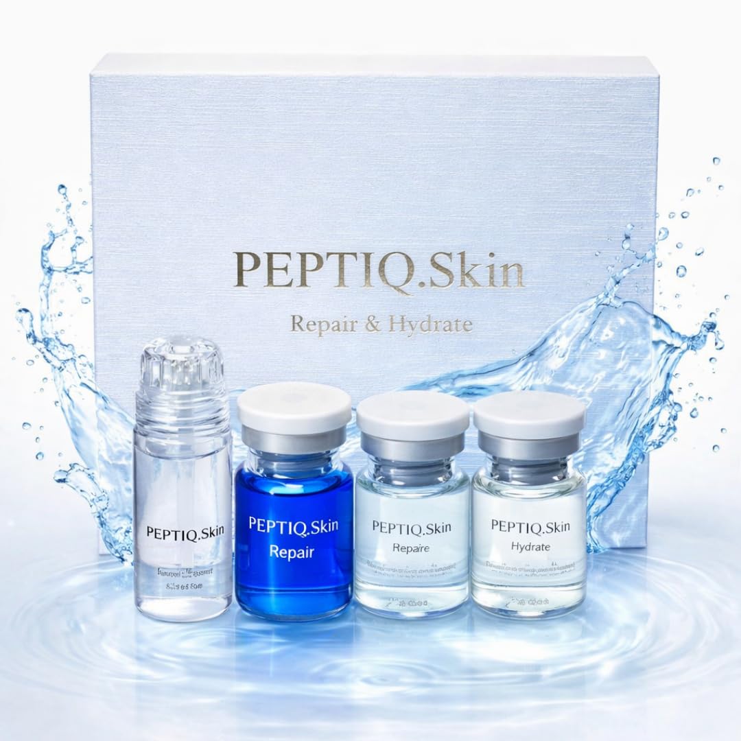 Peptiq GHK-Cu Copper Peptide Micro-Infusion Serum Kit – 1 Month Supply 3-Vial System with Hyaluronic Acid for Glass Skin, Fuller Hair & Anti-Aging – Includes 0.25mm 24k Gold Cosmetic Facial Stamper