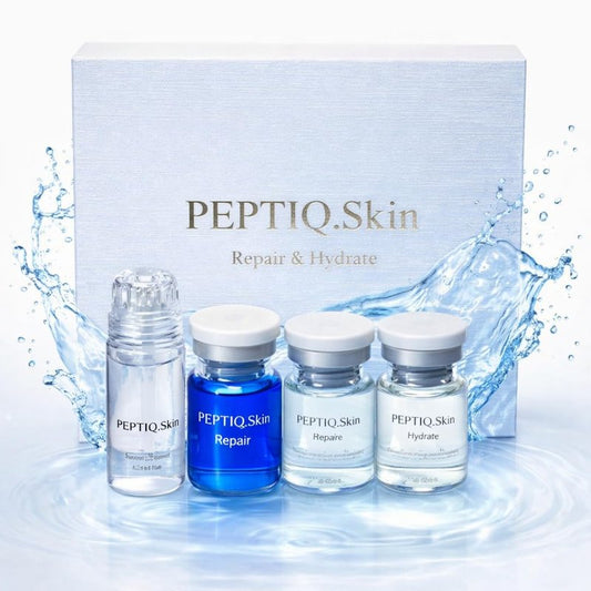 Peptiq GHK-Cu Copper Peptide Micro-Infusion Serum Kit – 1 Month Supply 3-Vial System with Hyaluronic Acid for Glass Skin, Fuller Hair & Anti-Aging – Includes 0.25mm 24k Gold Cosmetic Facial Stamper