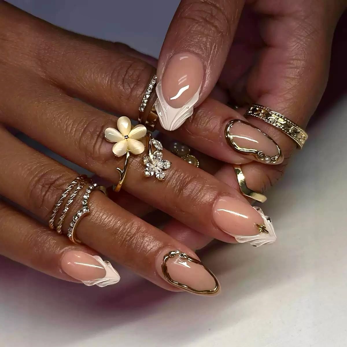 Almond Press-On Nails - Ombre Purple Floral Butterfly Design | 24 Full Cover Rhinestone False Nails for Women