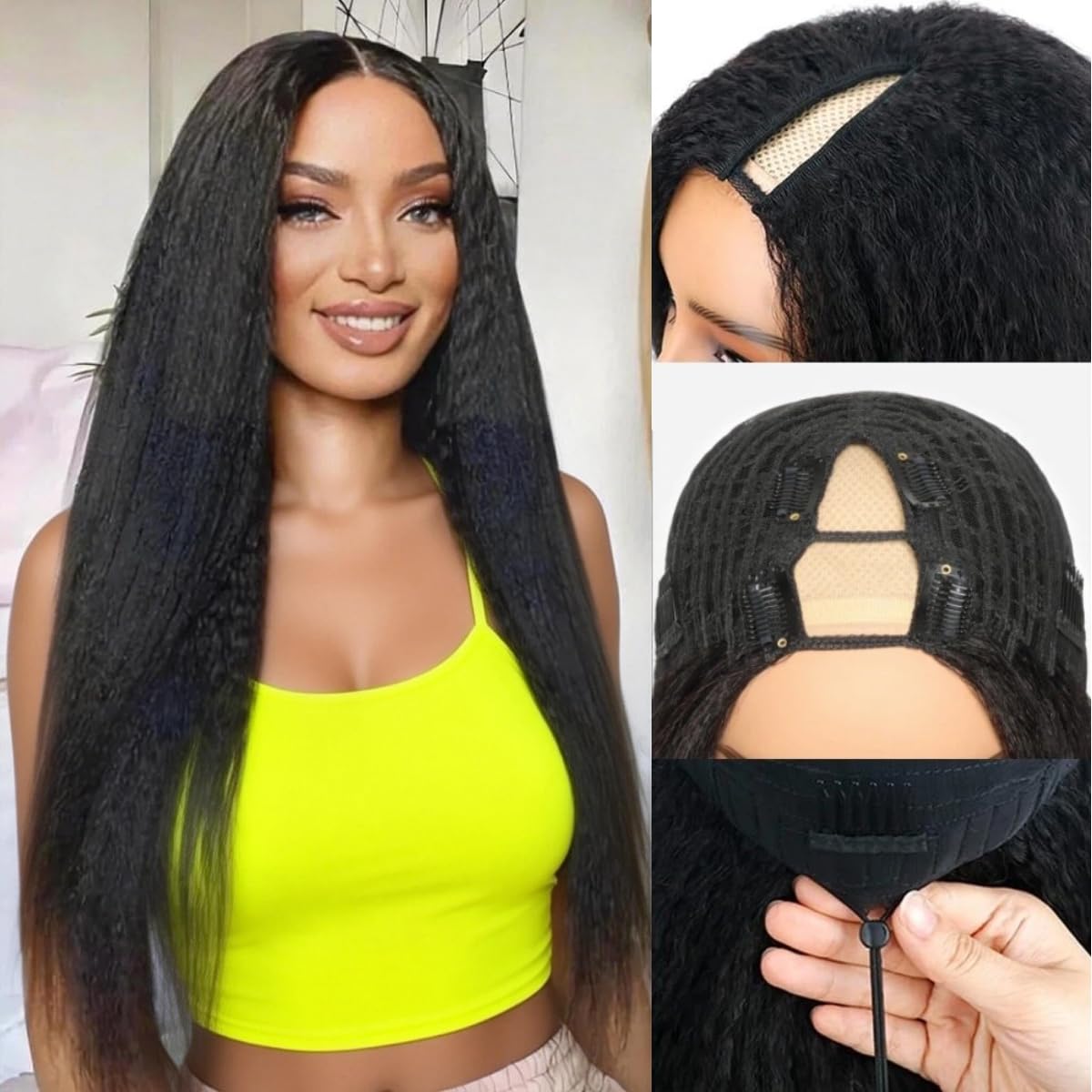 V Part Human Hair Wig - 250 Density 22 Inch Kinky Straight | Glueless, No Sew, Clip-In Design