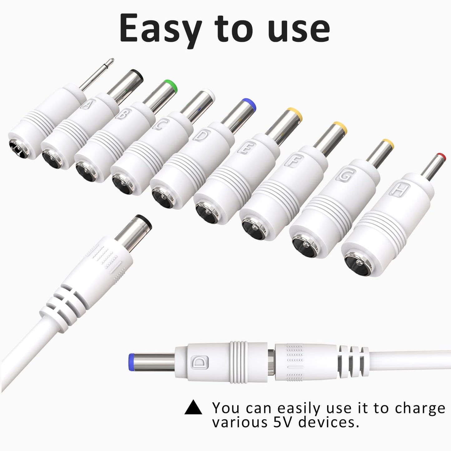 Cordro USB to DC 5V Power Cord, Universal DC Plug Jack Charging Cable with 9 Adapters for Moon Lamp, Massage Wand, Router, LED Light, Mini Fan, Speaker and More Devices (White)