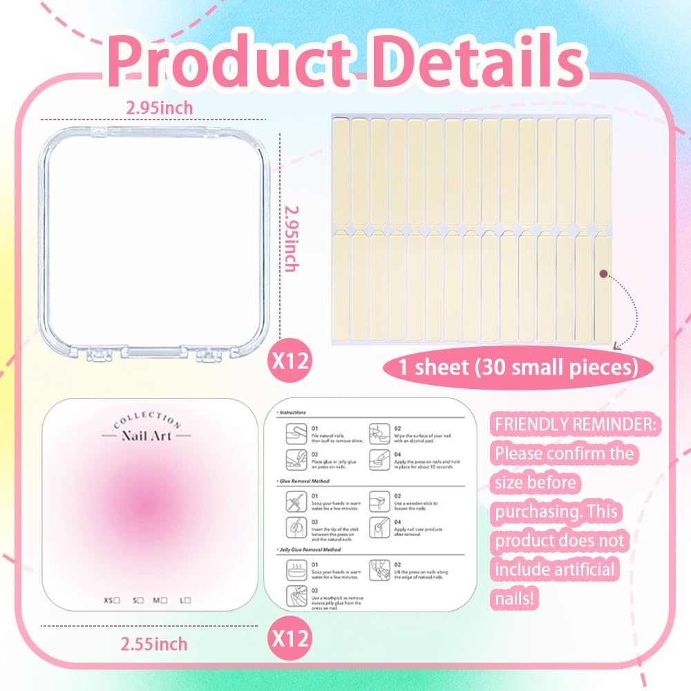 PZSZMIAO 12PCS Press on Nail Storage Box Acrylic Organizer Nail Case Nail Display Case Nail Display Box Artificial False Nail Box with Double Sided Adhesive Nail Tape Suitable for Press on False Nail