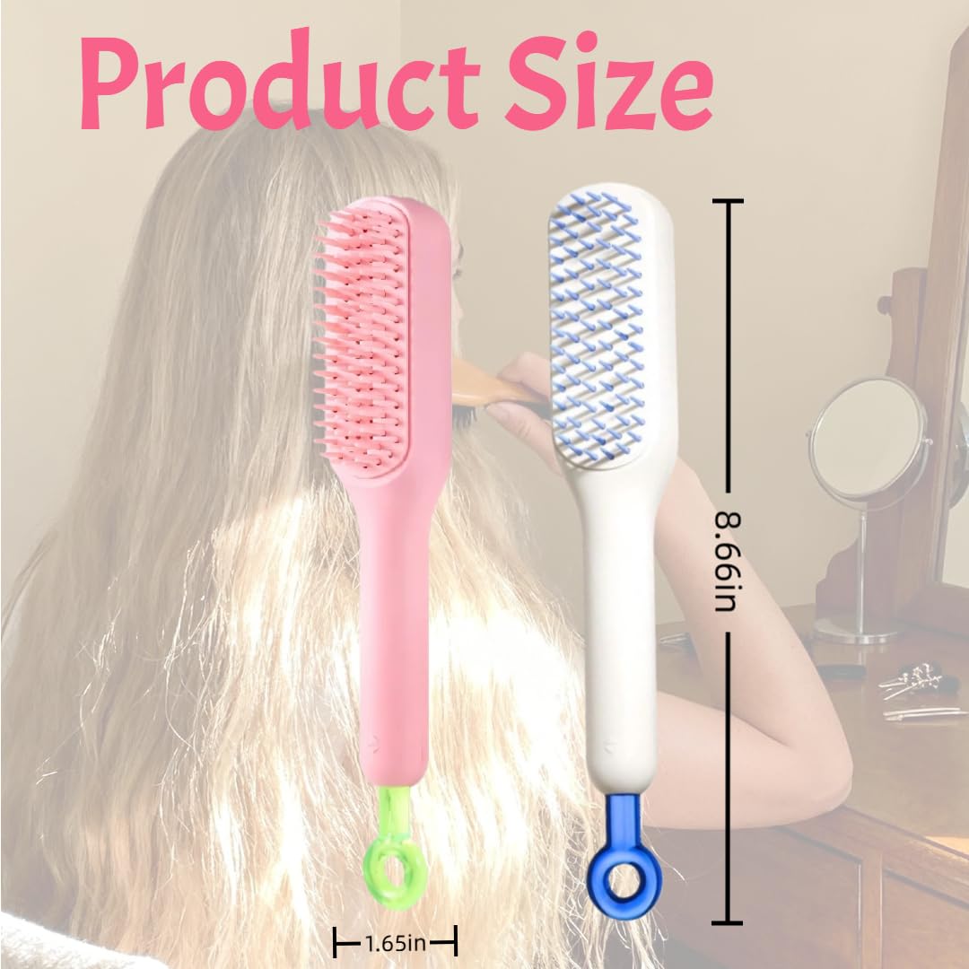 Self-Cleaning Hair Brush Set - Retractable Cushion Massage Comb for Women | Travel-Size, Lightweight Pink & White