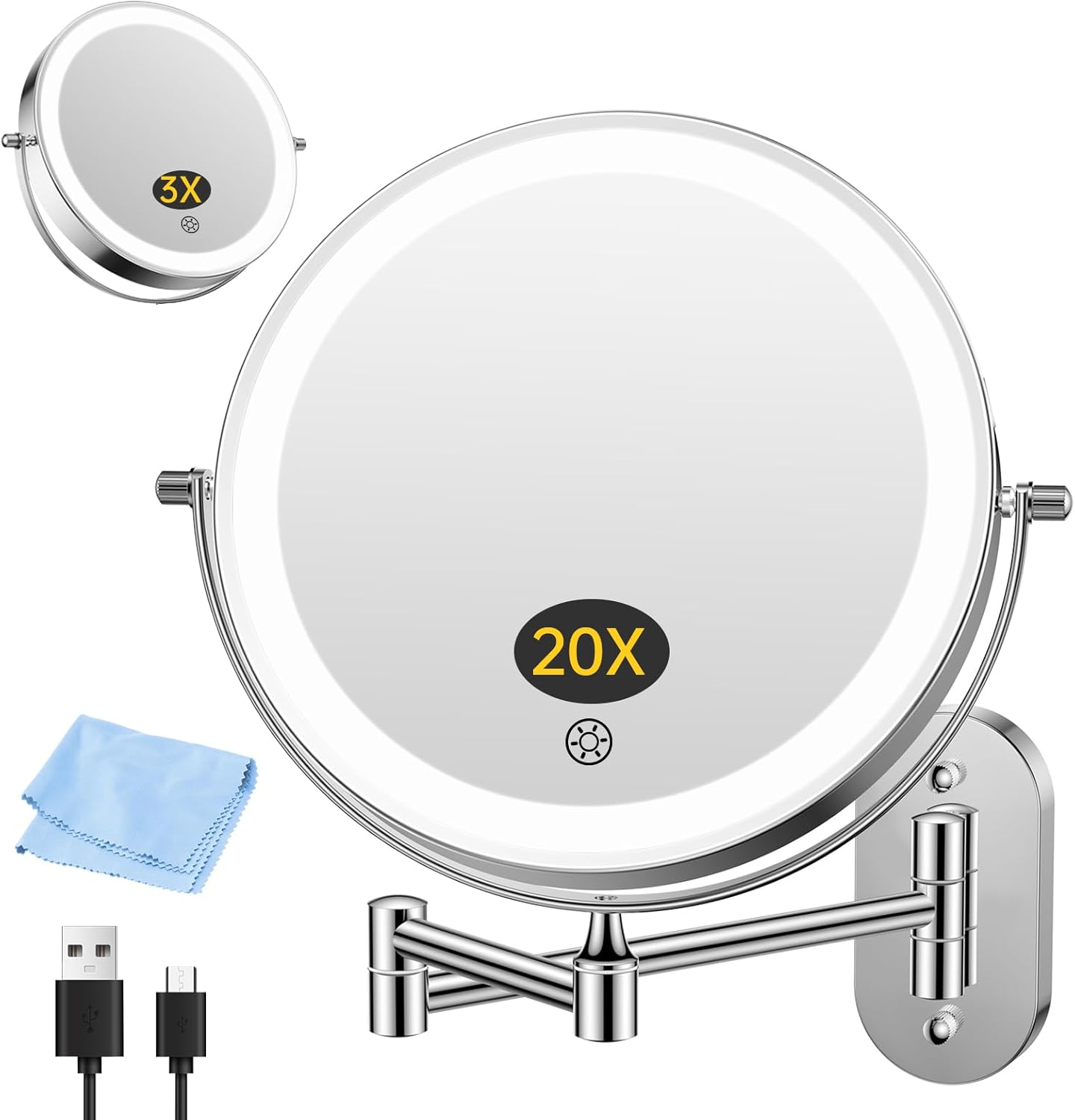 Rechargeable Wall Mounted Makeup Mirror with Lights - 3X/20X Magnification, 3 Color Options, Touch Dimmable, 360° Rotation