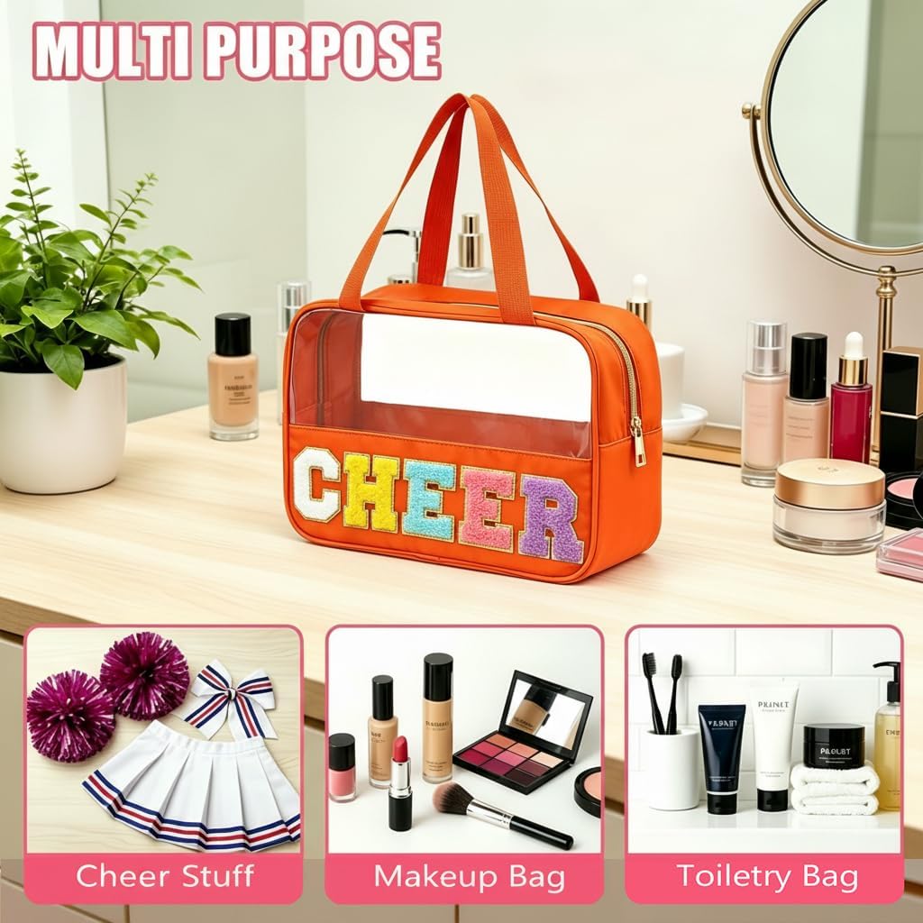 Cheer Makeup Bag - Waterproof Nylon Cosmetic Organizer with Handle | Chenille Letter Patch, Perfect Cheerleader Gift