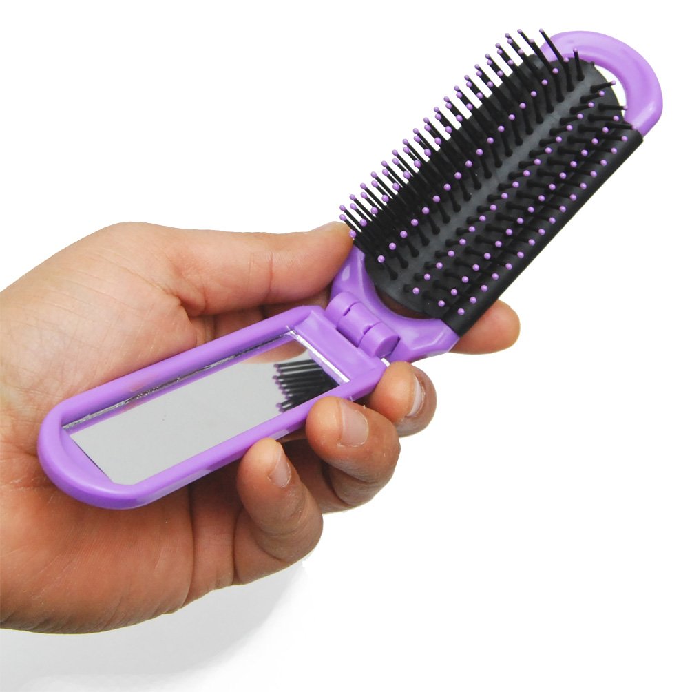 Mini Folding Mirror Detangler Hair Brush - 3 Pack | Portable Comb for Adults & Kids