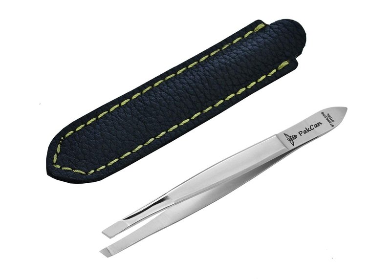 German Premium Slanted Tweezers in Leather Case - German Steel Hair Removal Tool for Eyebrows, Face & Ingrown Hairs – Hand-Finished, Ultra-Grip Tips, Premium Leather Case – Professional Salon Quality